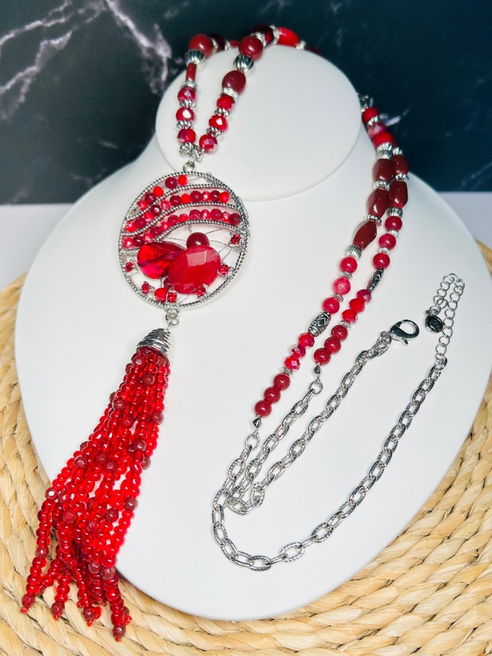 Cato Red Acrylic Beaded Tassel Statement Necklace